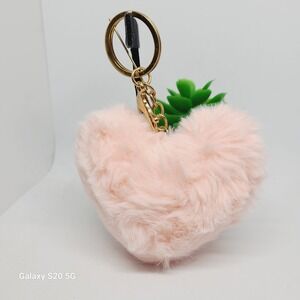 Light Pink Faux Fur Heart Keychain Bag Charm Gold Tone Key Ring Valentine's Gift